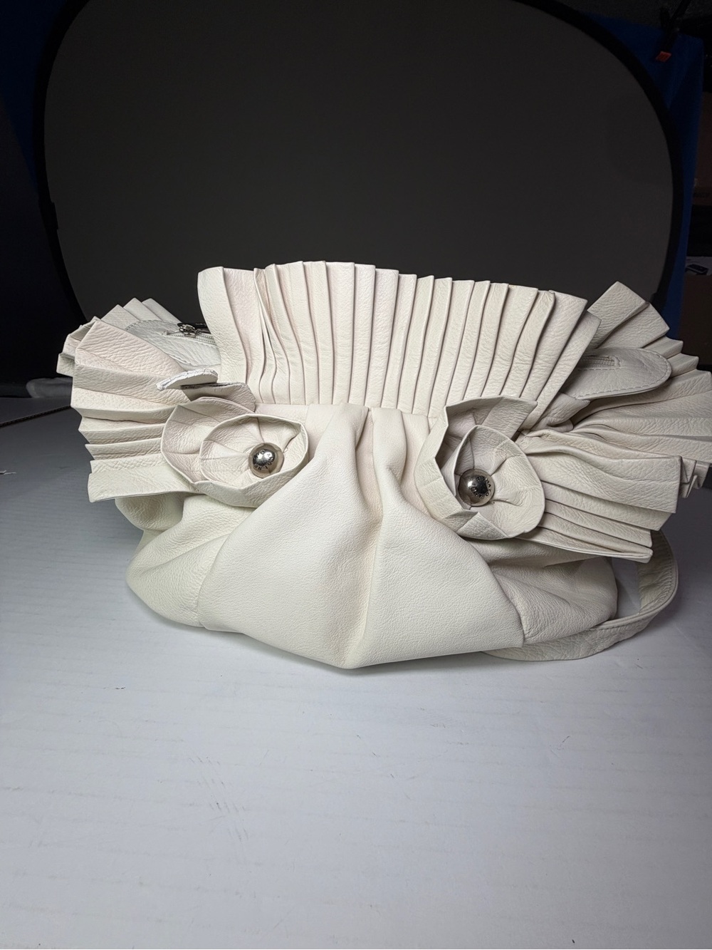 Renato Angi Cream Pleated Leather Rosette Clutch